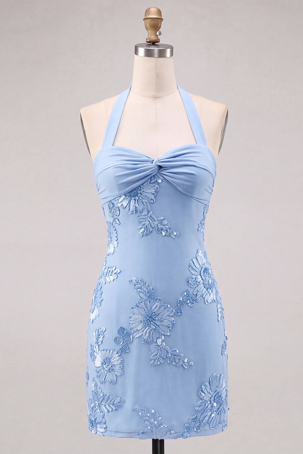 Daffodil Tight Halter Ruched Short Homecoming Dress with Floral Embroidery