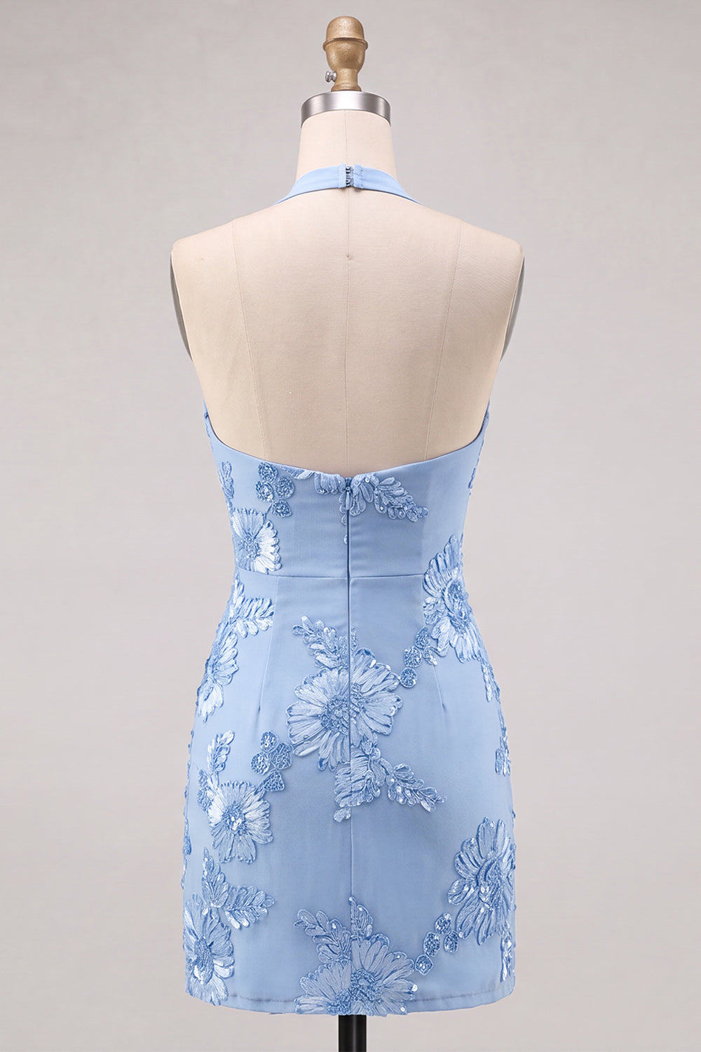 Daffodil Tight Halter Ruched Short Homecoming Dress with Floral Embroidery