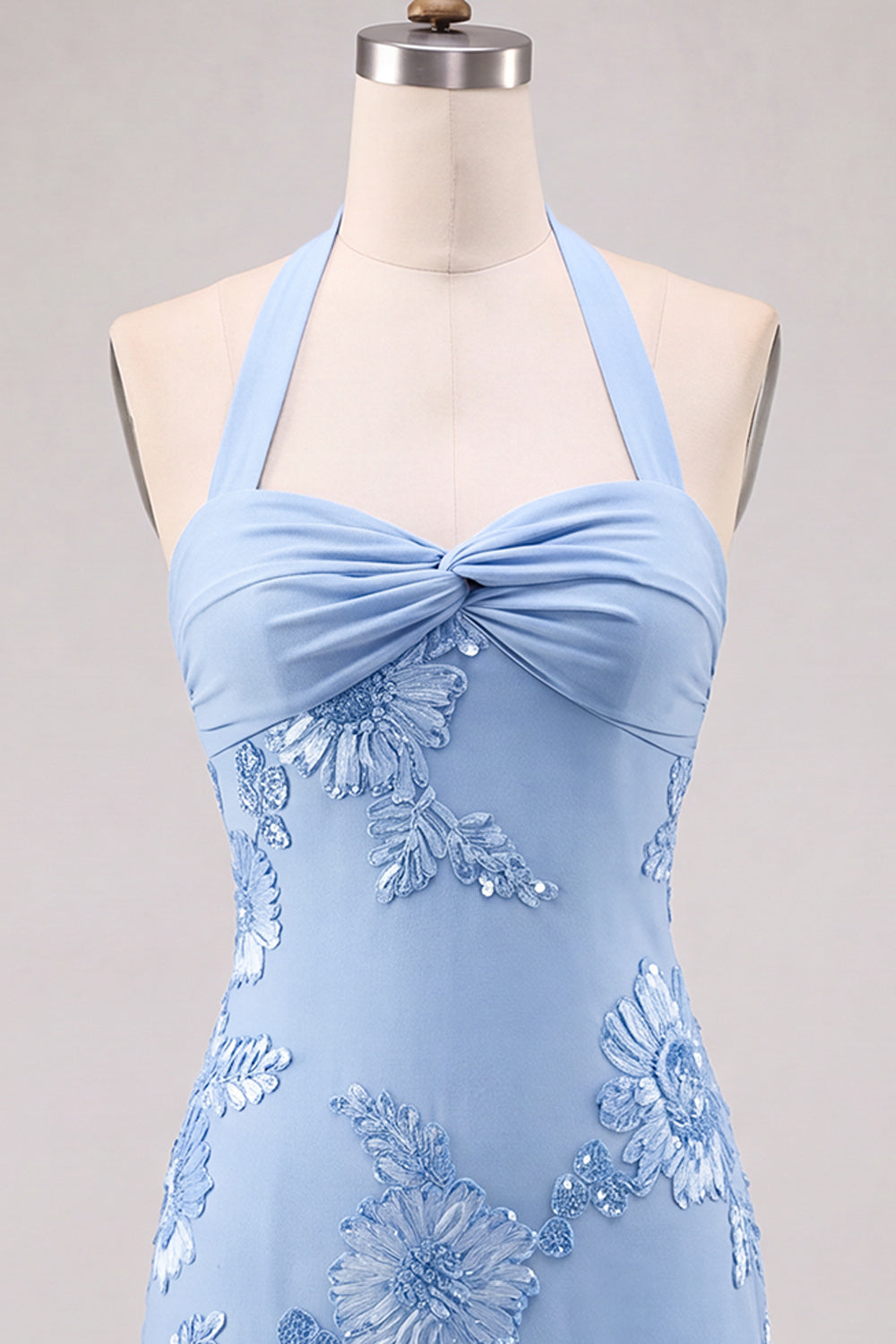 Daffodil Tight Halter Ruched Short Homecoming Dress with Floral Embroidery