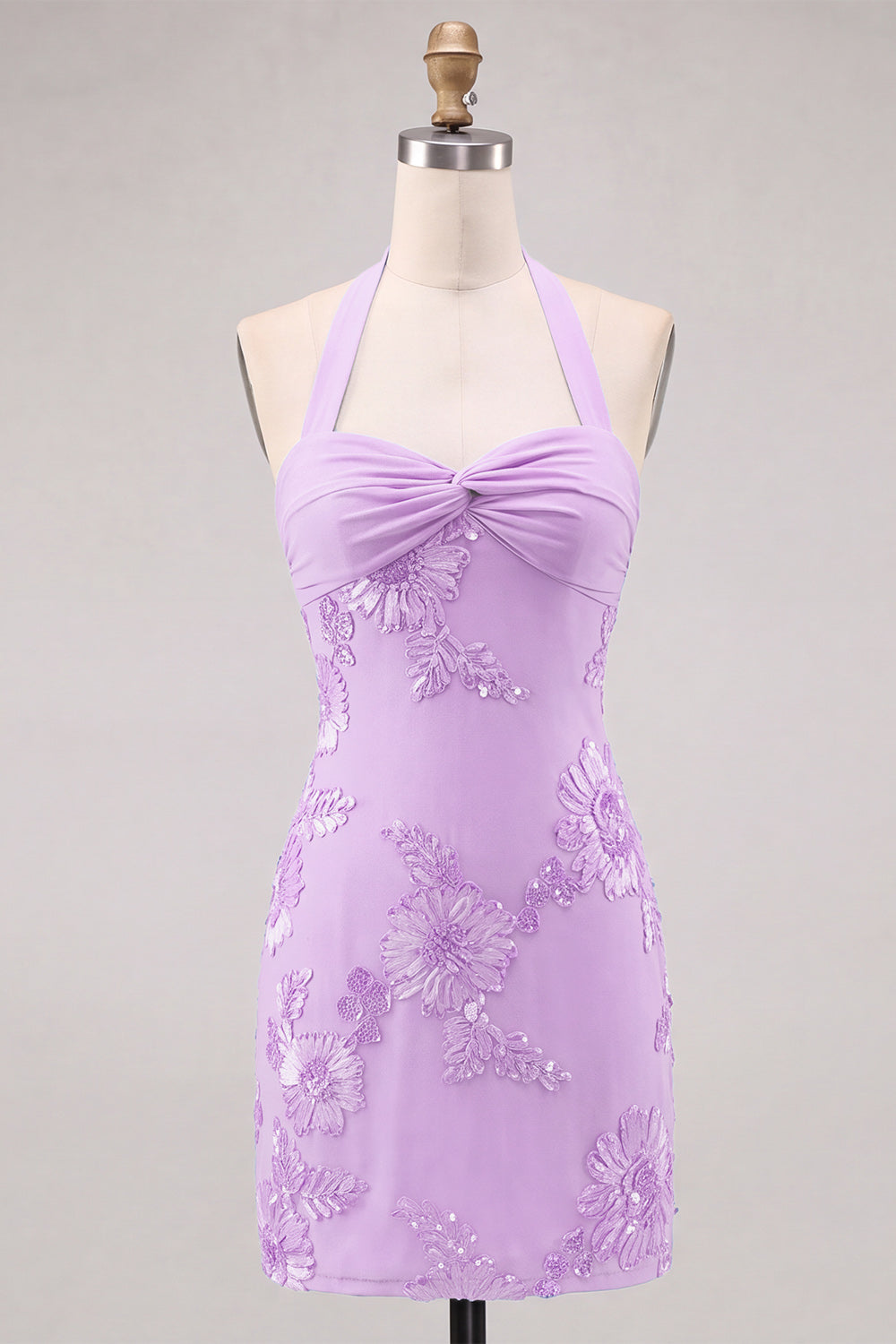 Daffodil Tight Halter Ruched Short Homecoming Dress with Floral Embroidery