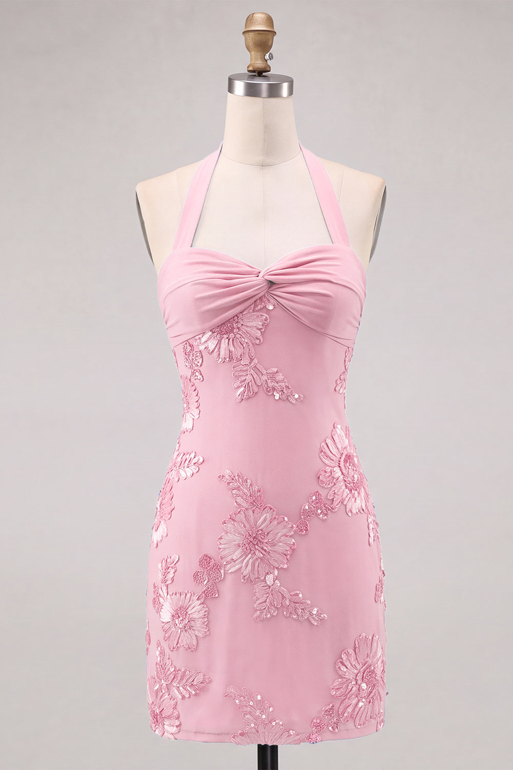 Daffodil Tight Halter Ruched Short Homecoming Dress with Floral Embroidery