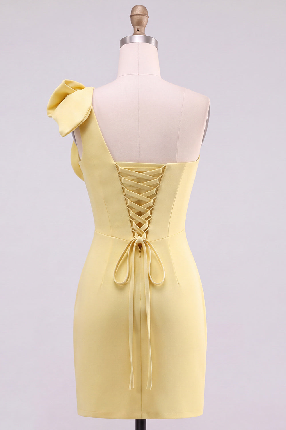 Yellow Bodycon One-Shoulder Pearl Beaded Short Homecoming Dress with Bow Detail