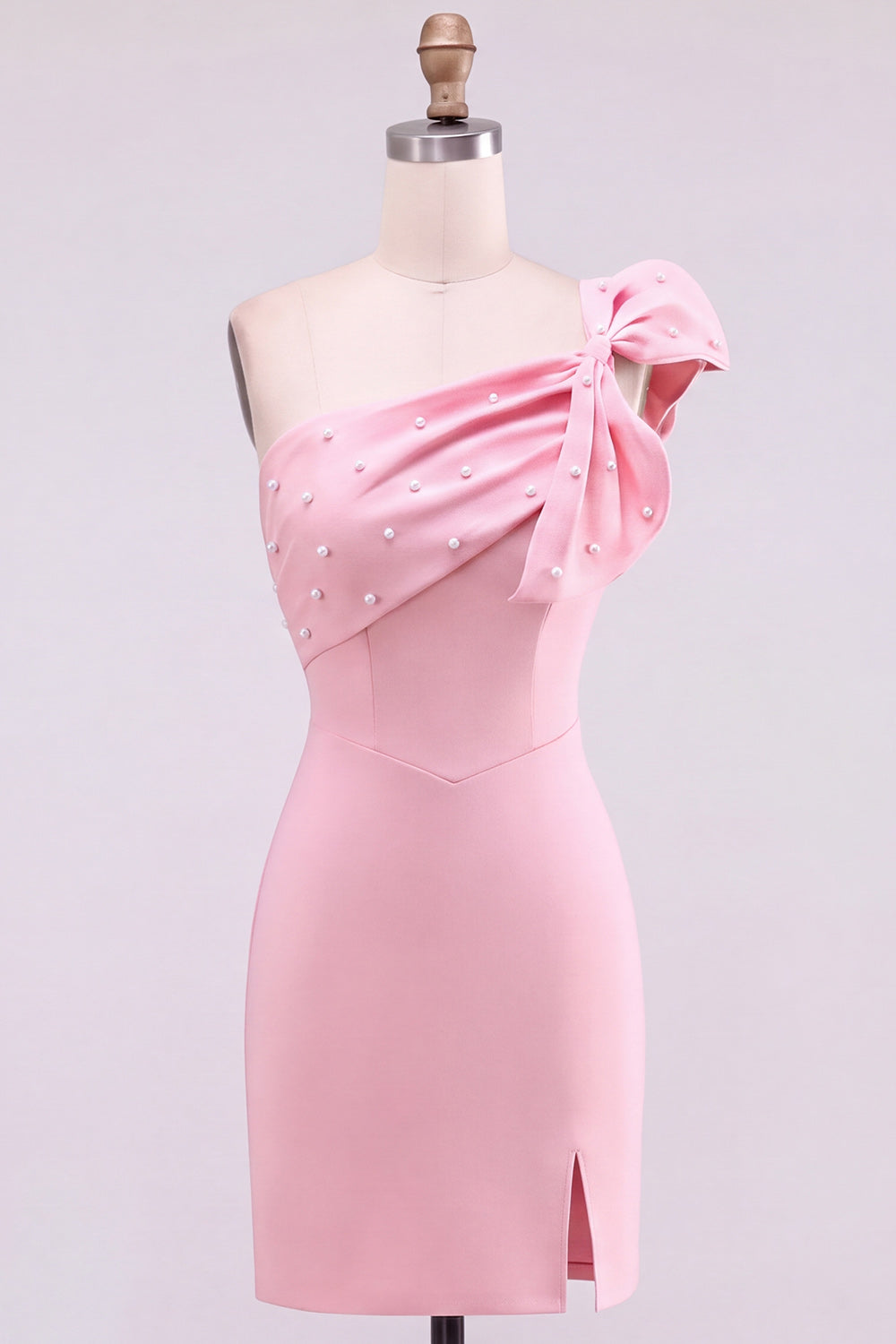 Yellow Bodycon One-Shoulder Pearl Beaded Short Homecoming Dress with Bow Detail