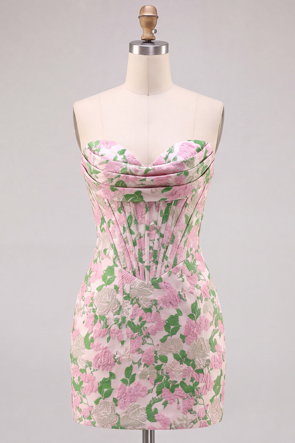 Vestido de fiesta corto ajustado con corpiño de jacquard sin tirantes rosa floral