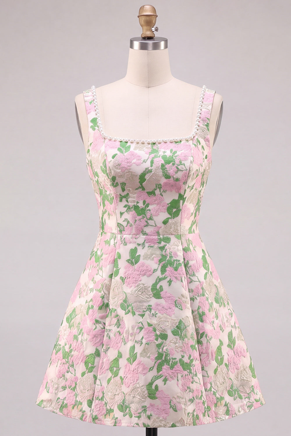 A-Line Floral Brocade Pearl Straps Short Homecoming Dress with Big Back Bow