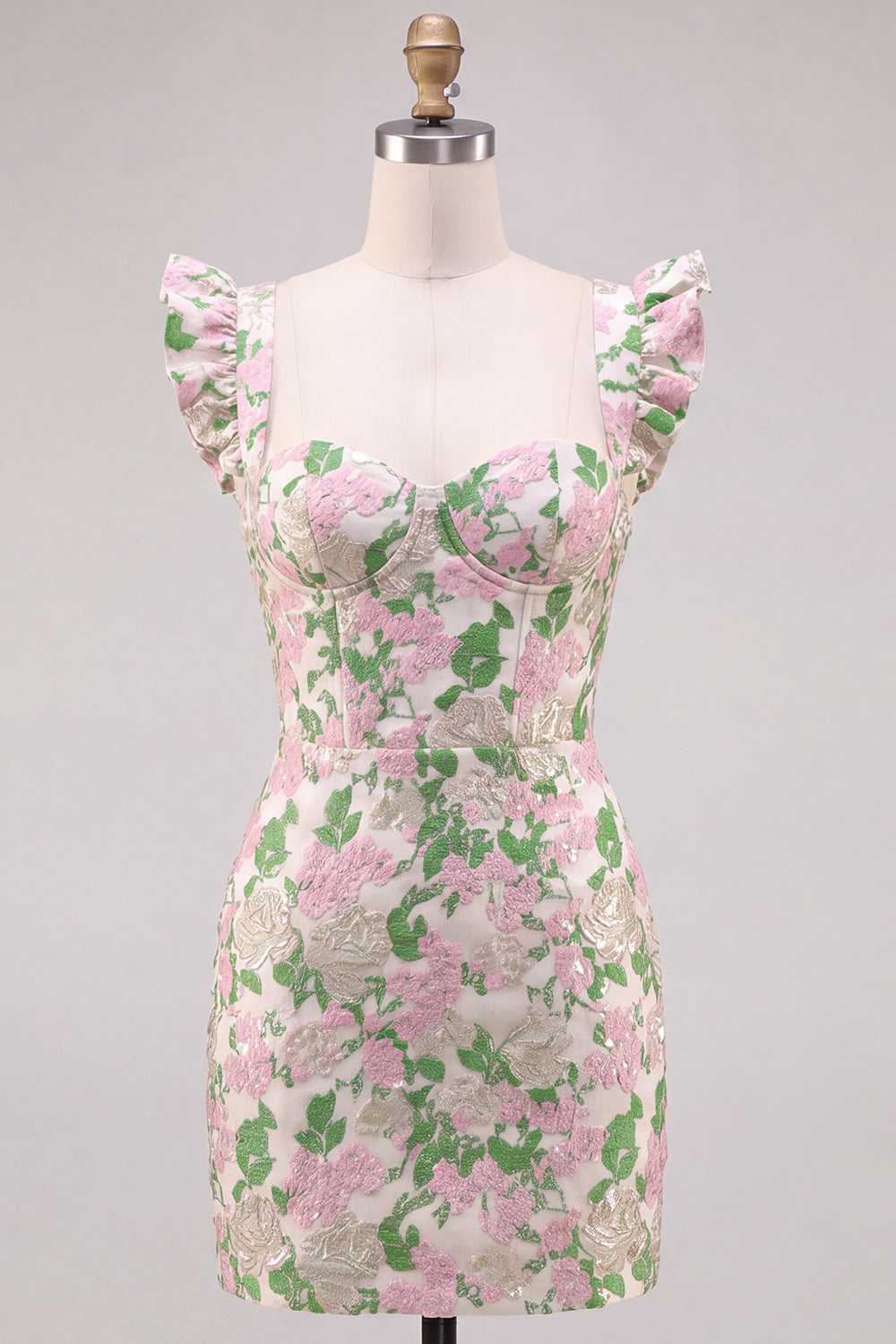 Robe courte de bal moulante en jacquard rose floral à manches papillon