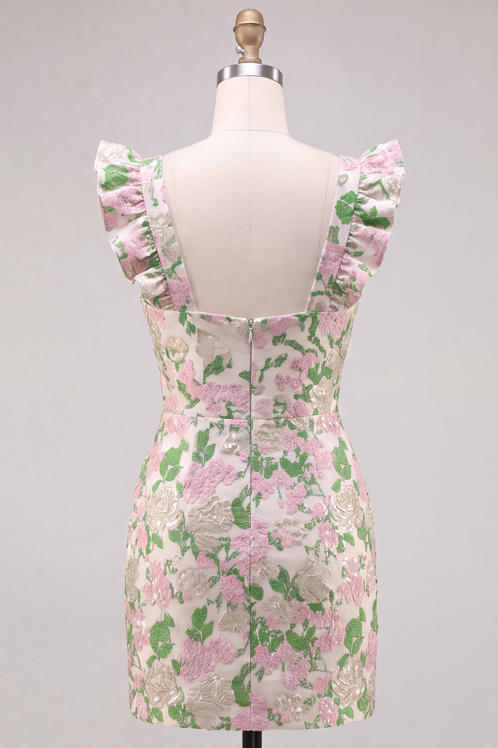 Robe courte de bal moulante en jacquard rose floral à manches papillon