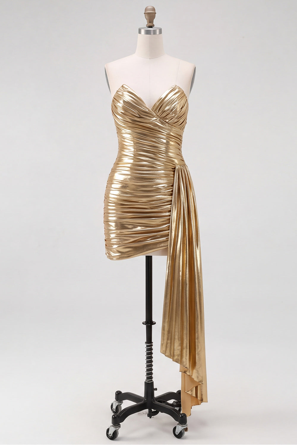 Robe de soirée courte bustier plissée bleu roi métallisé avec cascade latérale