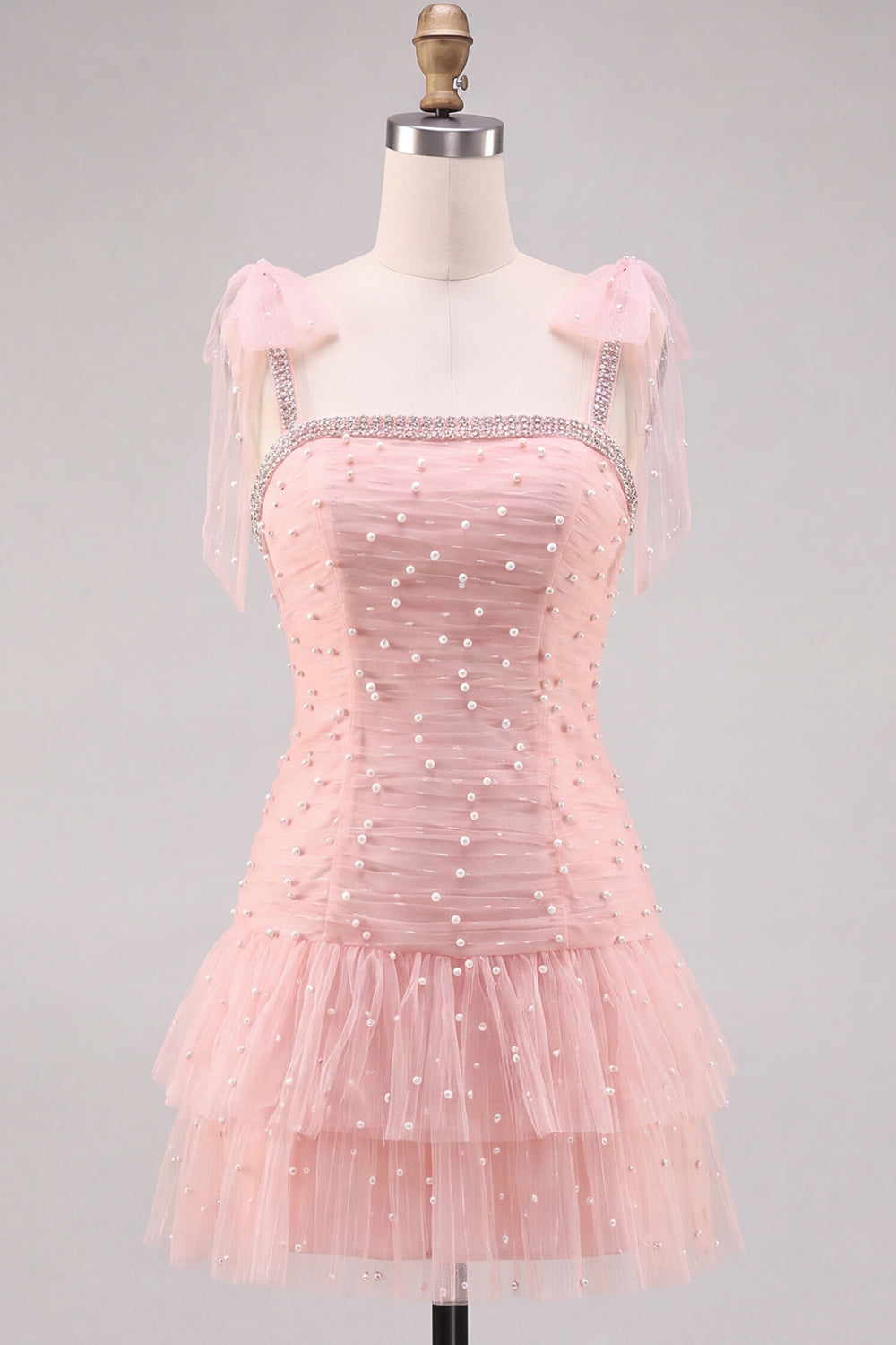 Pink Pearl Tulle Tiered A-Line Beaded Short Homecoming Dress with Ruffles