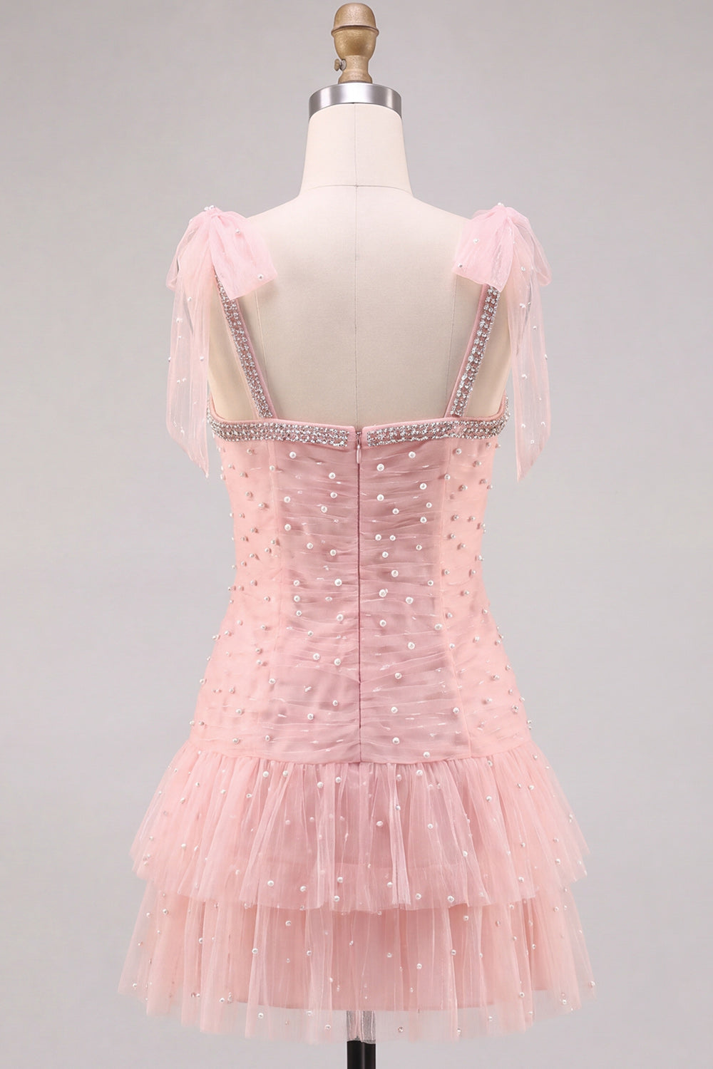 Pink Pearl Tulle Tiered A-Line Beaded Short Homecoming Dress with Ruffles