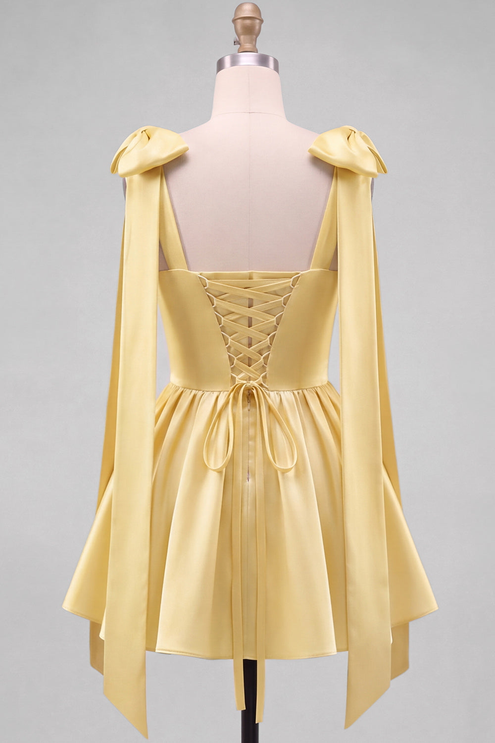 Butter Yellow A-Line Satin Pearl Trim Mini Homecoming Dress with Bow Tie Shoulder Straps