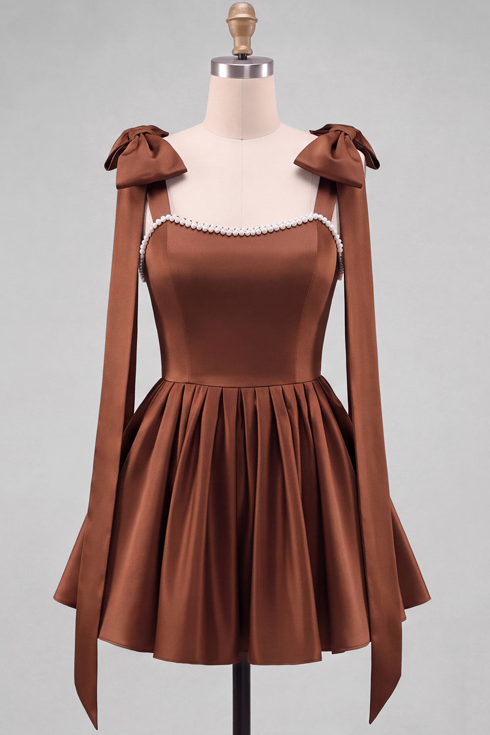 Butter Yellow A-Line Satin Pearl Trim Mini Homecoming Dress with Bow Tie Shoulder Straps