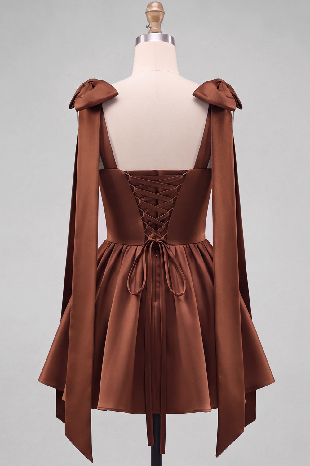 Butter Yellow A-Line Satin Pearl Trim Mini Homecoming Dress with Bow Tie Shoulder Straps