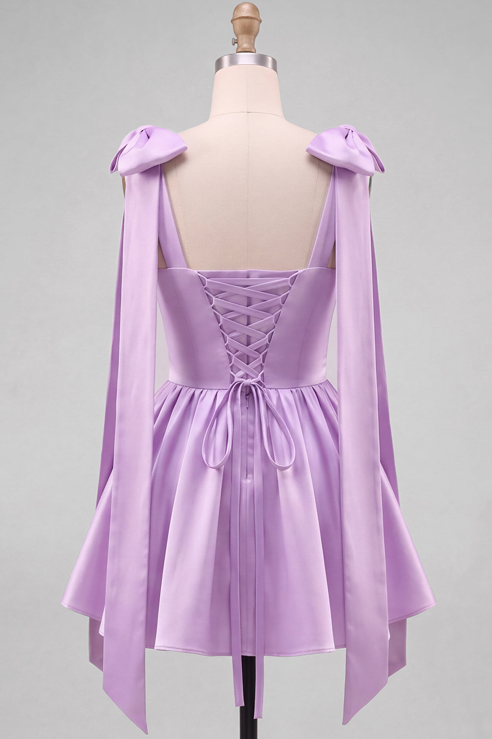 Butter Yellow A-Line Satin Pearl Trim Mini Homecoming Dress with Bow Tie Shoulder Straps