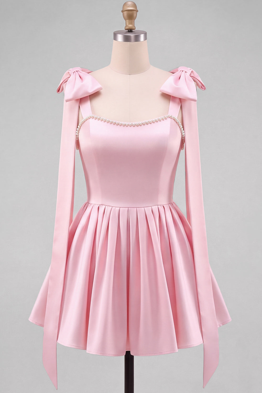 Butter Yellow A-Line Satin Pearl Trim Mini Homecoming Dress with Bow Tie Shoulder Straps