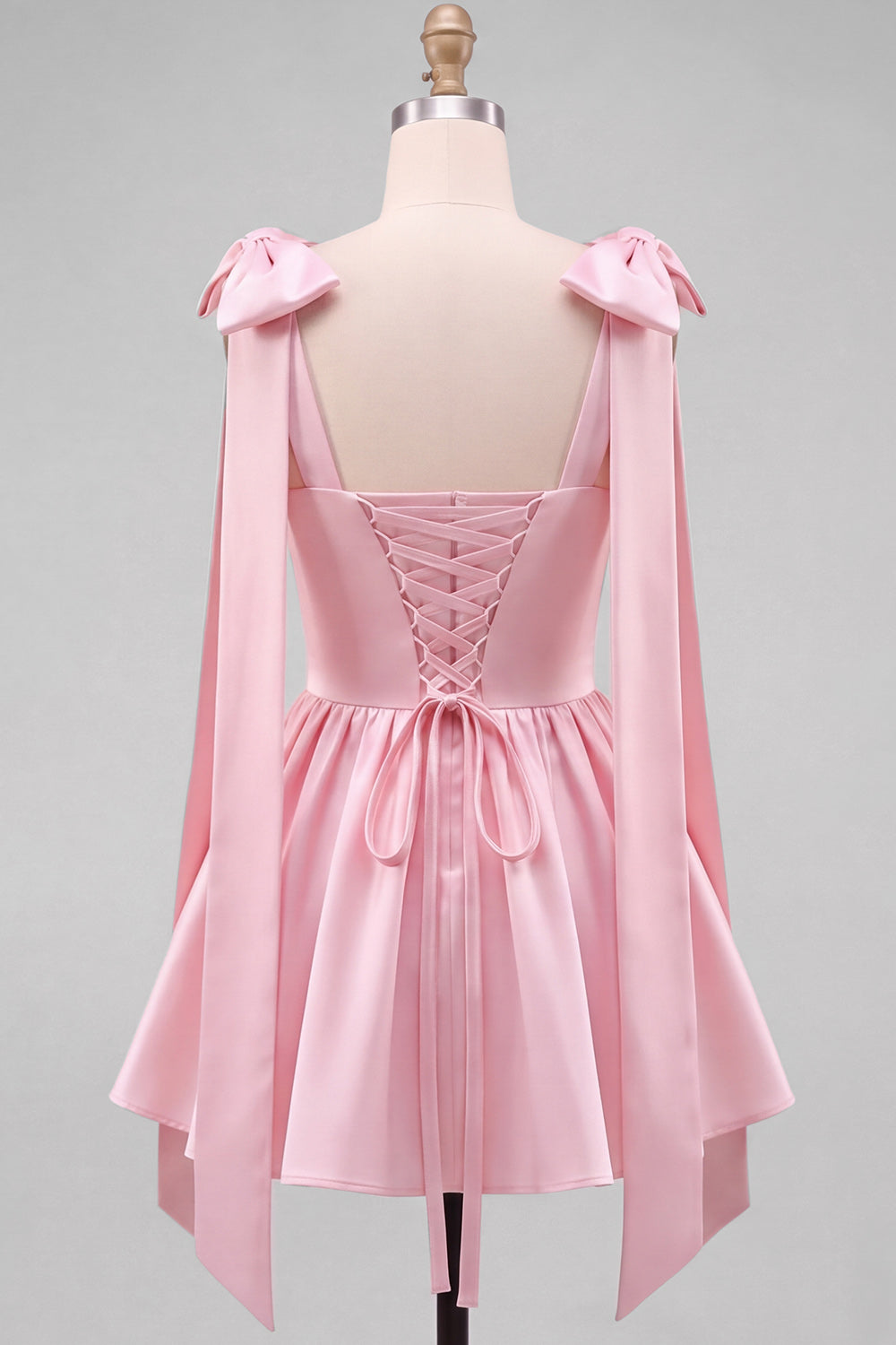 Butter Yellow A-Line Satin Pearl Trim Mini Homecoming Dress with Bow Tie Shoulder Straps