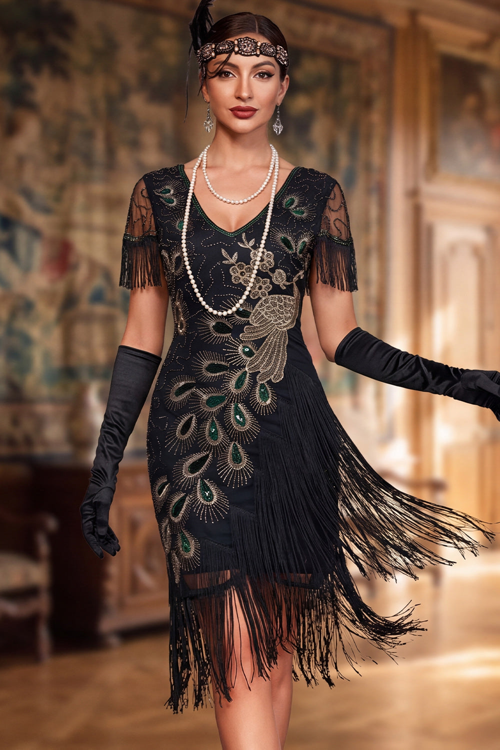 Vintage Black Fringed Bodycon Short 1920 Flapper Dress with Beading