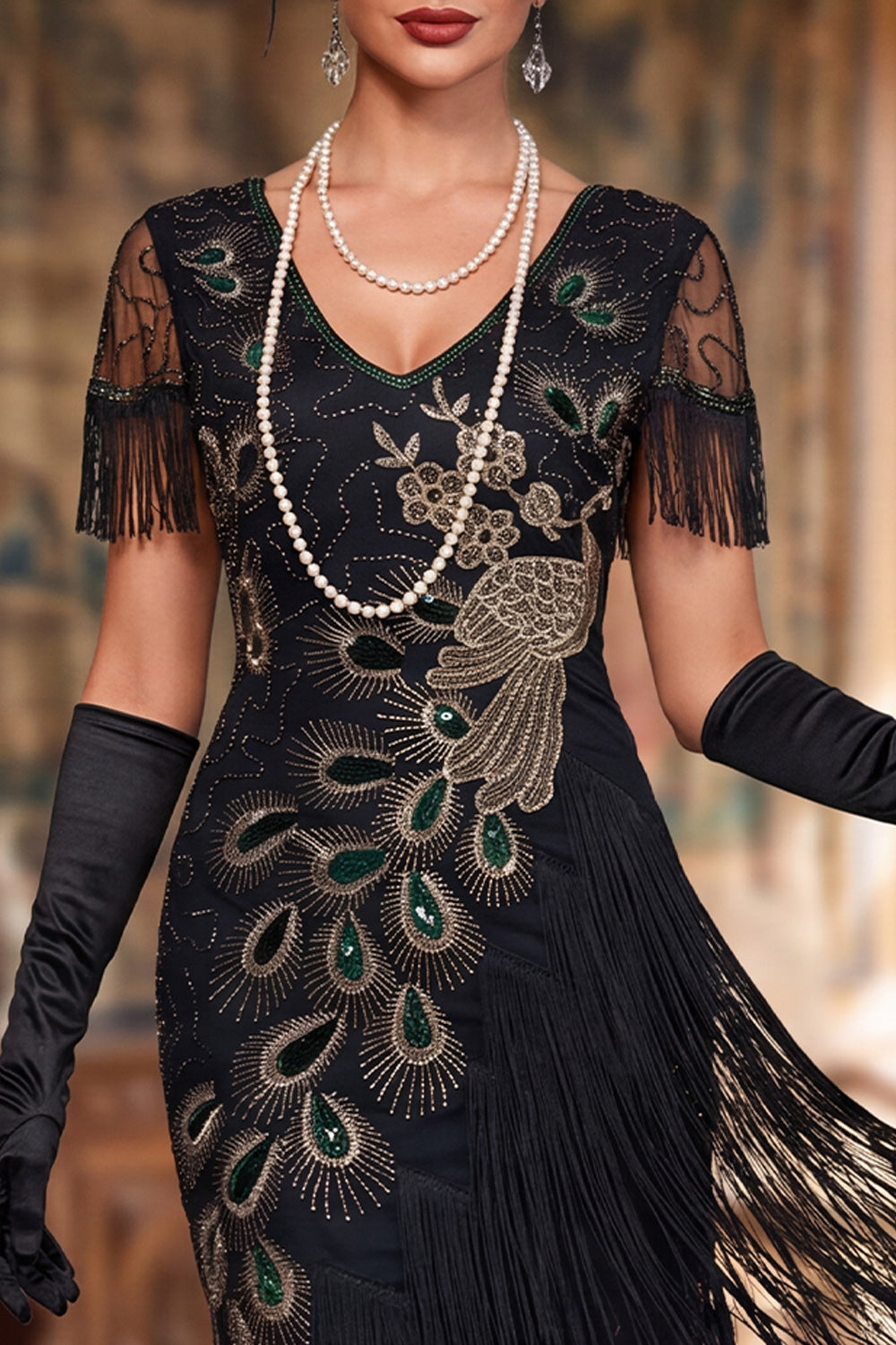 Vintage Black Fringed Bodycon Short 1920 Flapper Dress with Beading