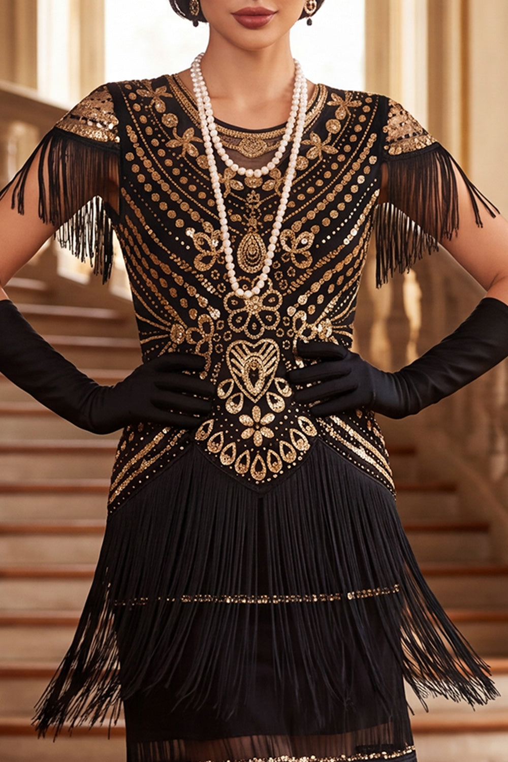 Vintage Black Golden Fringed Sequins 1920s Flapper Dress with Cap Sleeves