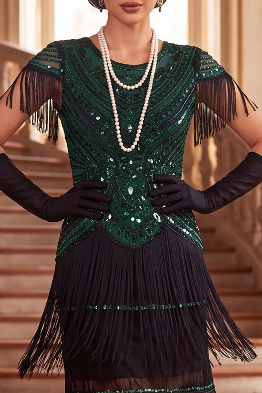 Vintage Black Golden Fringed Sequins 1920s Flapper Dress with Cap Sleeves