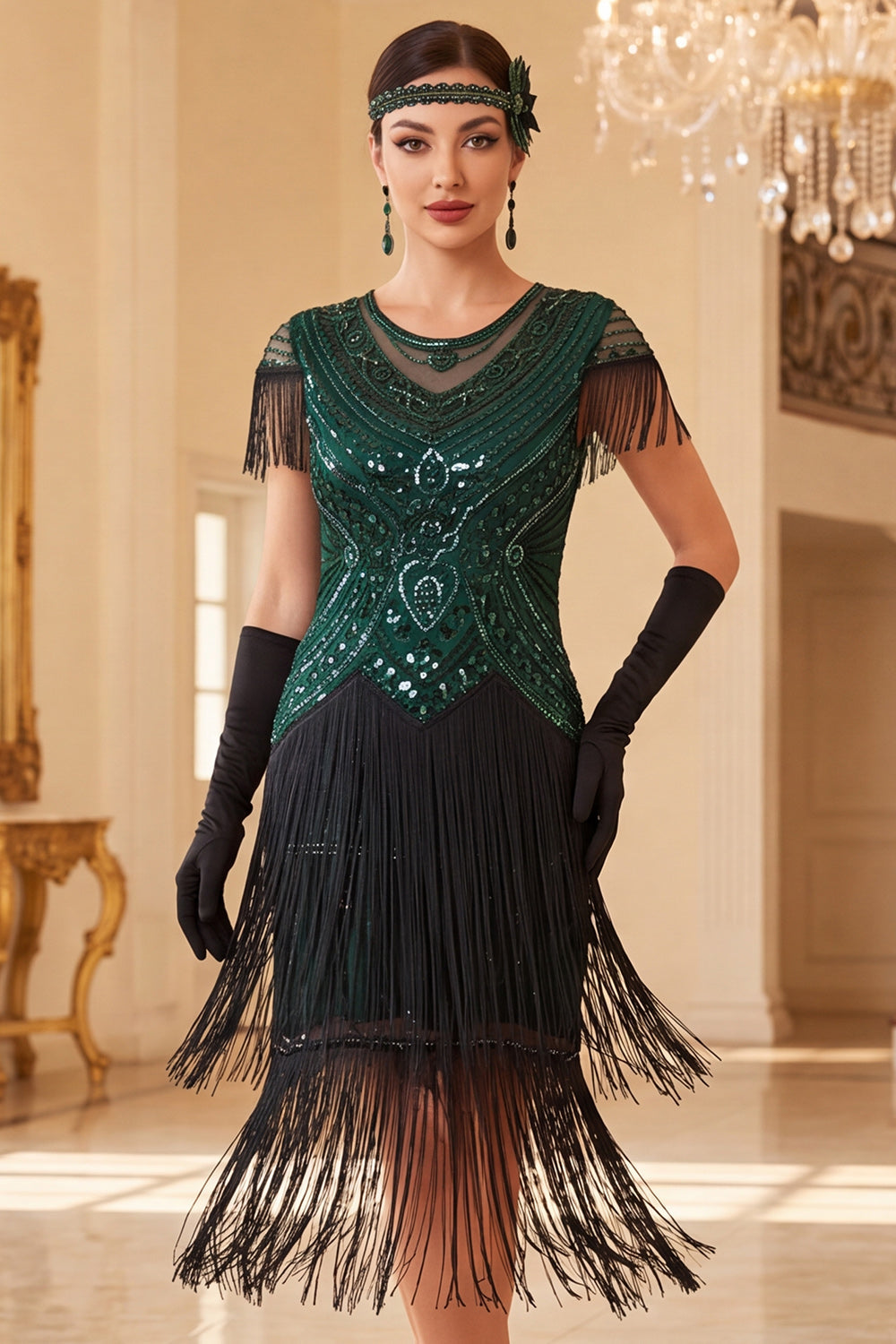 Vintage Black Golden Fringed Sequins 1920s Flapper Dress with Cap Sleeves