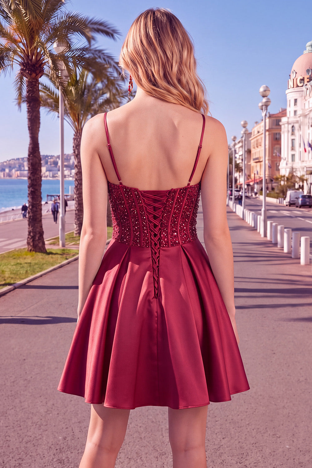 Blue A Line Corset Sequin Ruffle Short Homecoming Dress with Lace Up Back