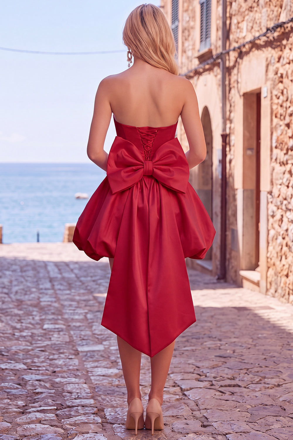 Black Strapless A Line Bubble Hem Homecoming Dress with Back Bow