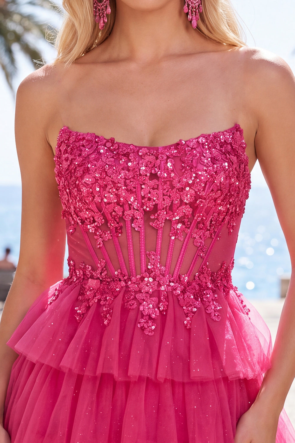 Fuchsia A Line Corset Strapless Tiered Homecoming Dress with Lace Appliques