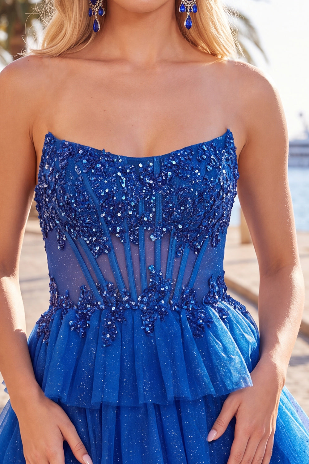 Fuchsia A Line Corset Strapless Tiered Homecoming Dress with Lace Appliques