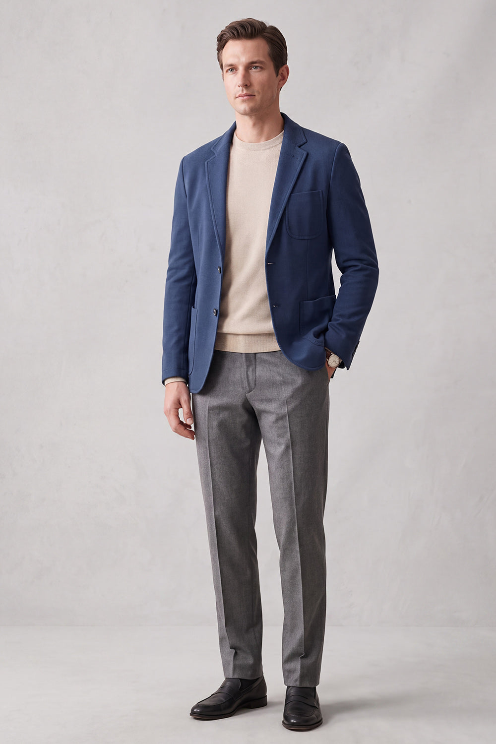 Navy Notch Lapel Single-Breasted Men's Suit Jacket with Pockets