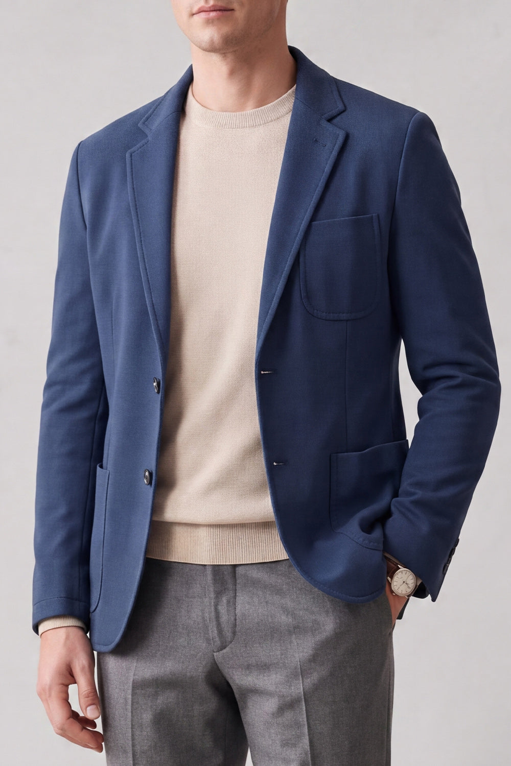 Navy Notch Lapel Single-Breasted Men's Suit Jacket with Pockets