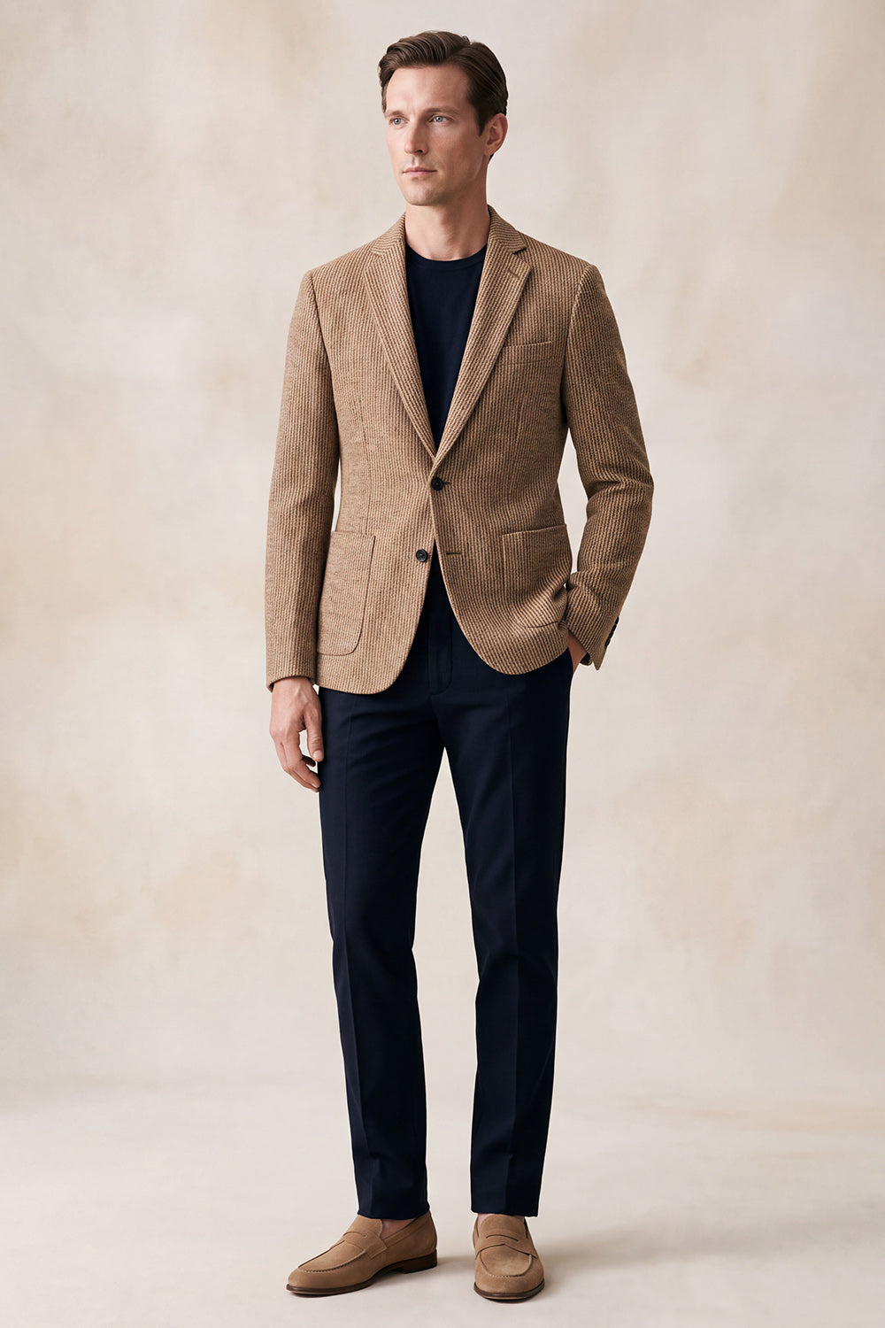 Khaki Notch Lapel Single-Breasted Two-Button Men's Blazer with Pockets