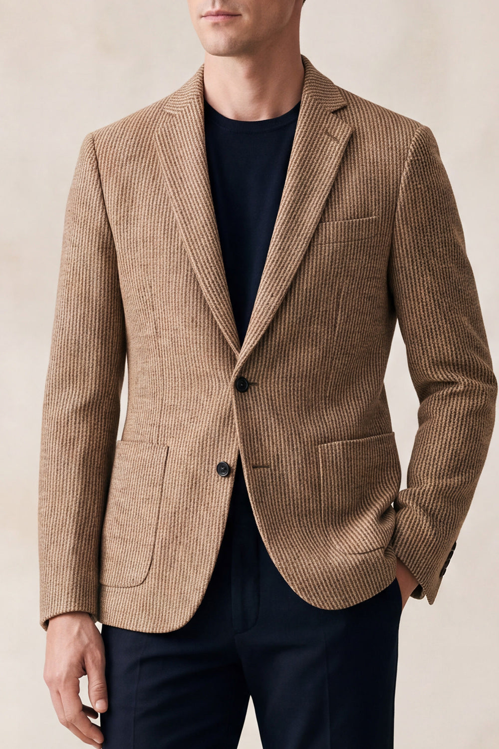 Khaki Notch Lapel Single-Breasted Two-Button Men's Blazer with Pockets