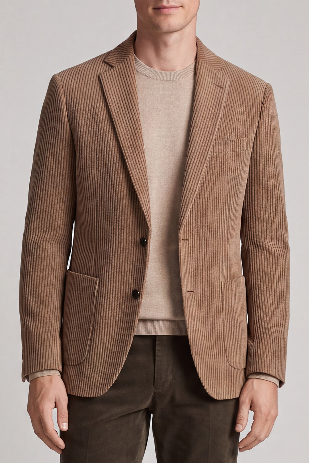 Khaki Notch Lapel Single-Breasted Two-Button Men's Blazer with Pockets