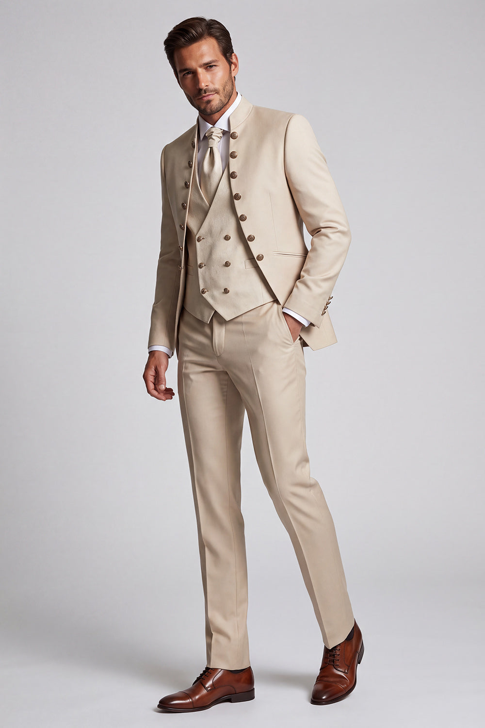 Apricot 3 Piece Mandarin Collar Double Breasted Men's Prom Suits