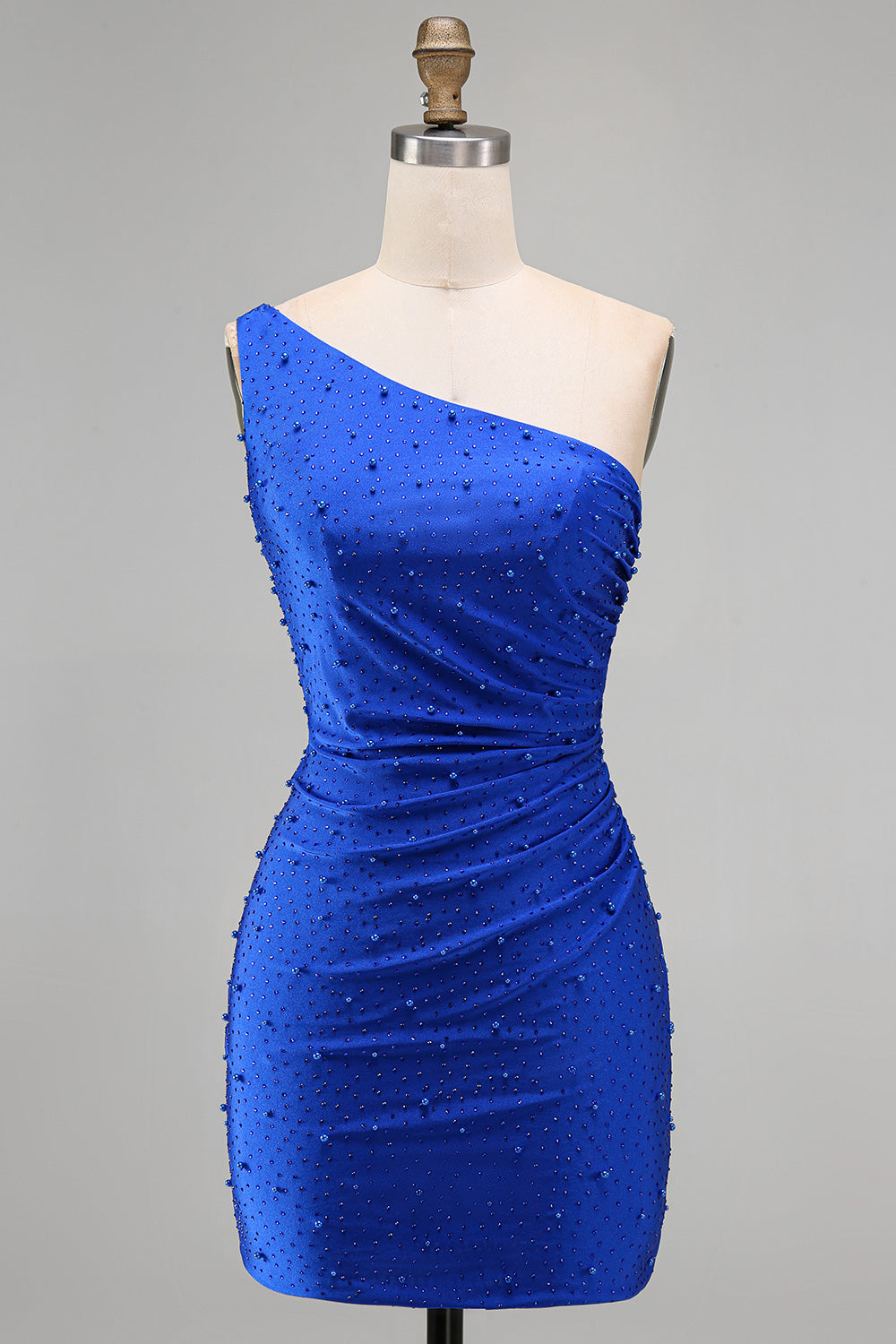 Royal Blue One Shoulder Pearls Ruched Bodycon Short Homecoming Dress with Beading
