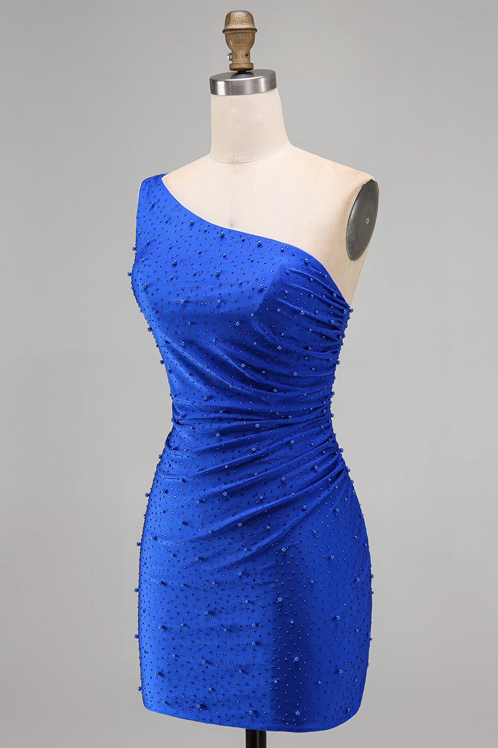 Royal Blue One Shoulder Pearls Ruched Bodycon Short Homecoming Dress with Beading