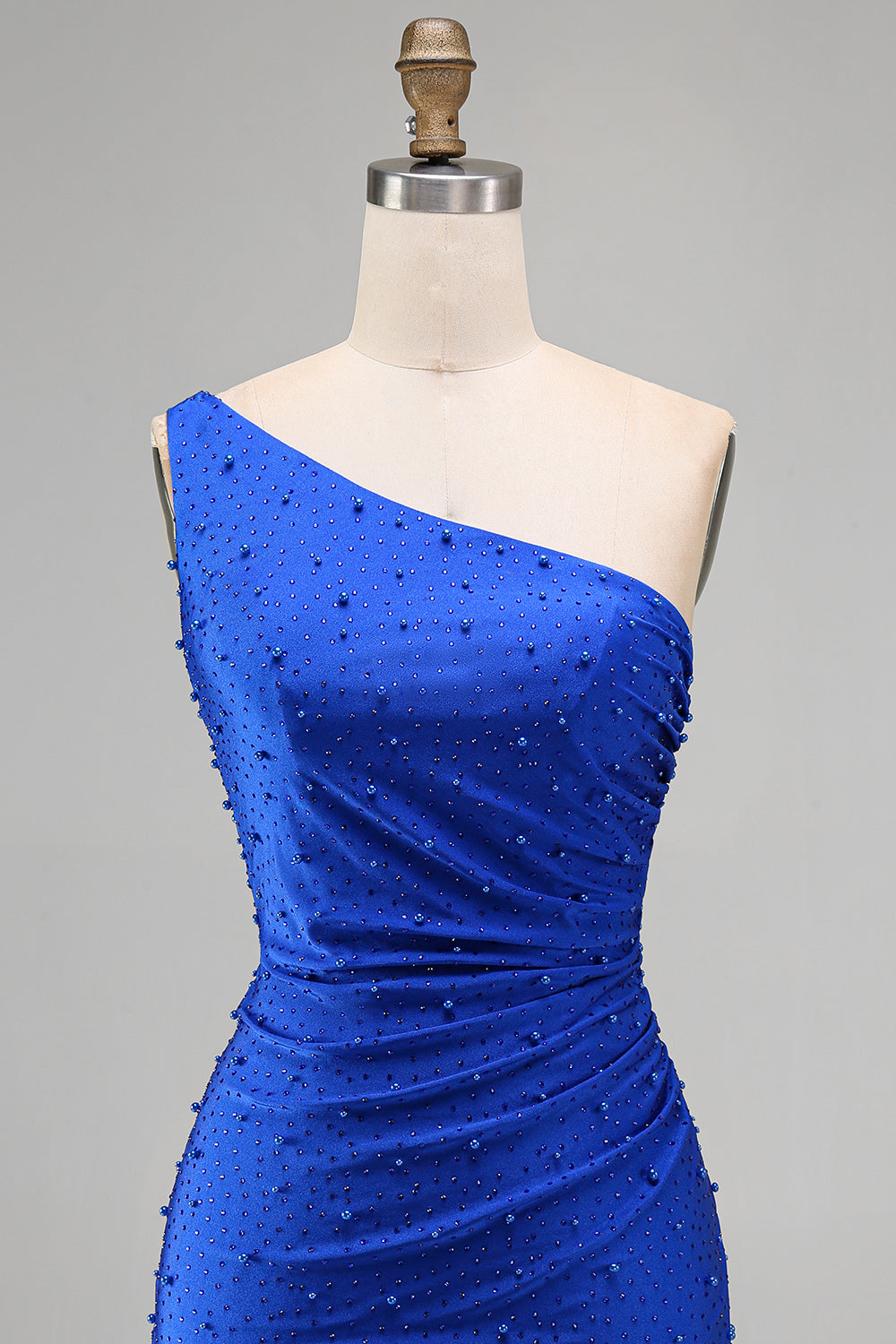 Royal Blue One Shoulder Pearls Ruched Bodycon Short Homecoming Dress with Beading
