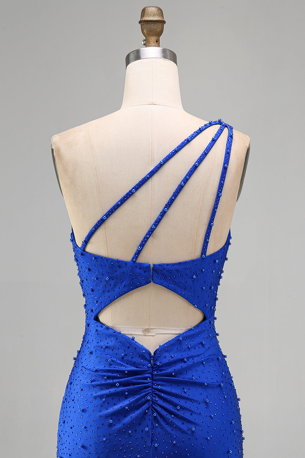 Royal Blue One Shoulder Pearls Ruched Bodycon Short Homecoming Dress with Beading