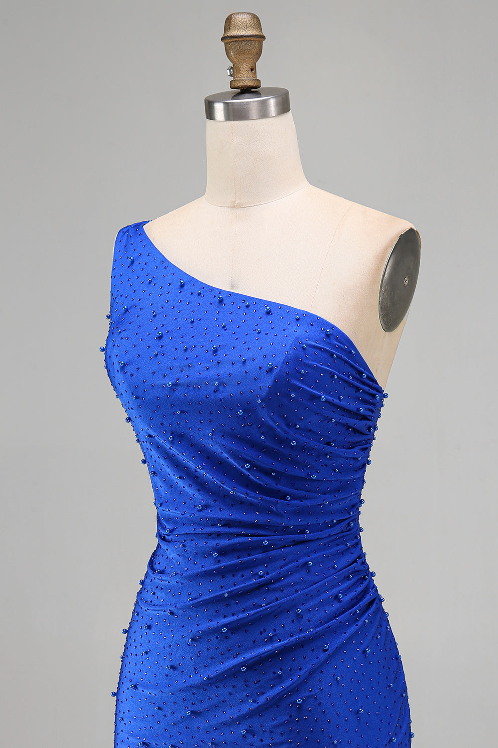 Royal Blue One Shoulder Pearls Ruched Bodycon Short Homecoming Dress with Beading