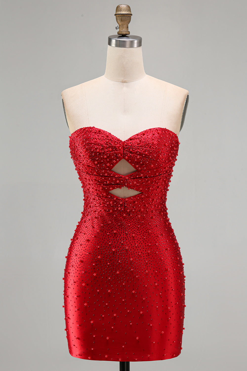 Sparkly Red Cut Out Pearl Bodycon Strapless Short Homecoming Dress with Beading