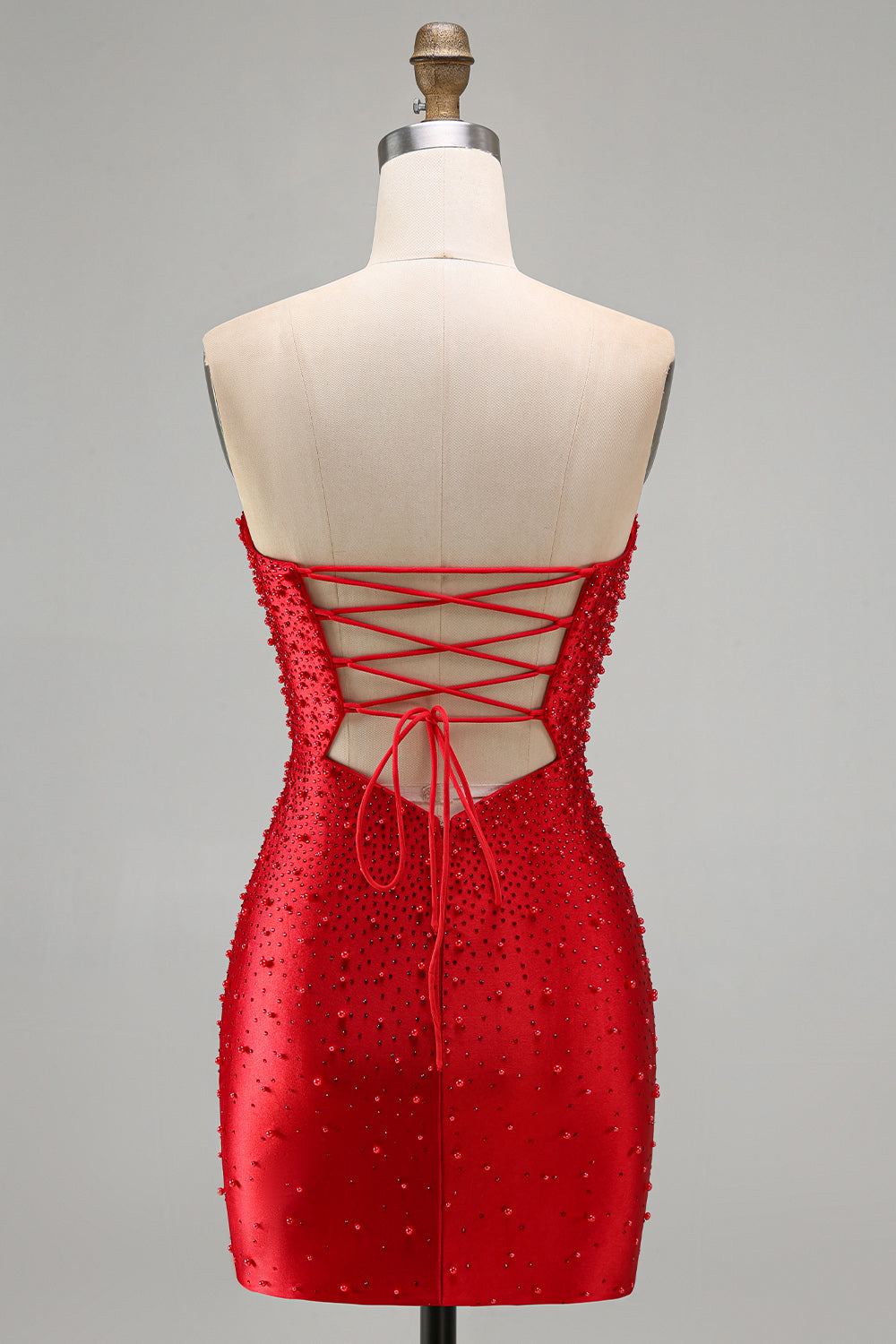 Sparkly Red Cut Out Pearl Bodycon Strapless Short Homecoming Dress with Beading