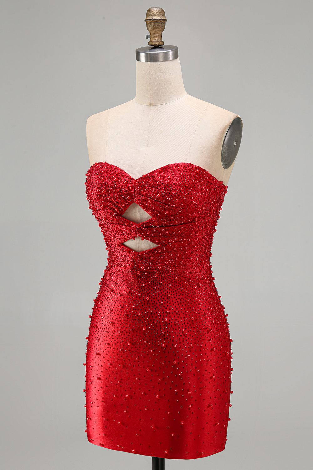 Sparkly Red Cut Out Pearl Bodycon Strapless Short Homecoming Dress with Beading