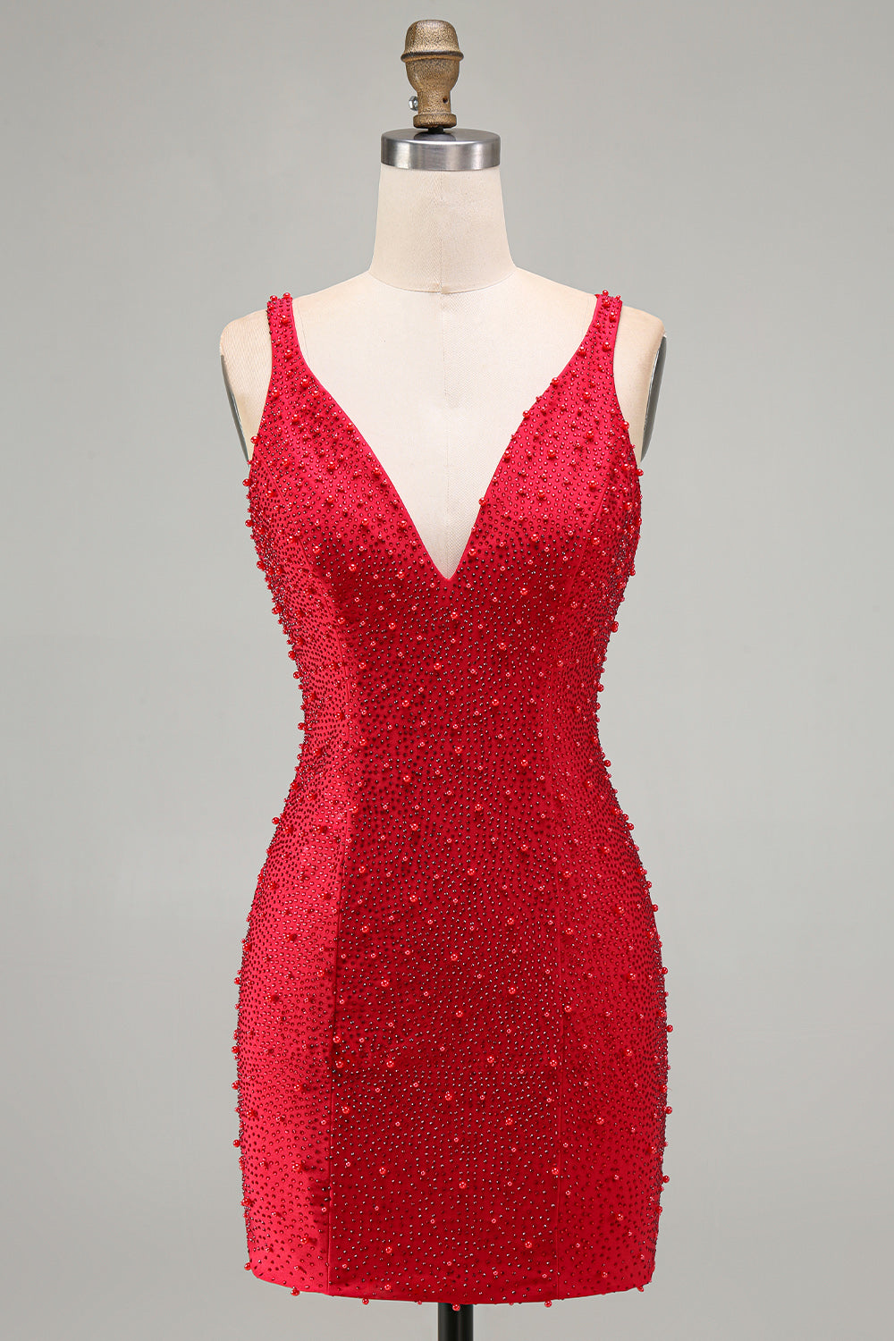 Sparkly Red Bodycon V-Neck Beaded Pearls Short Homecoming Dress