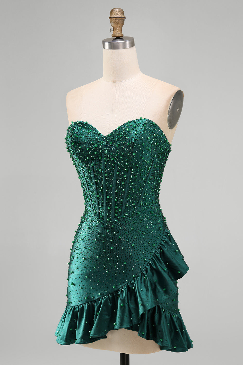 Robe de bal de fin d'année vert foncé moulante corset perles brodées ourlet à volants asymétrique