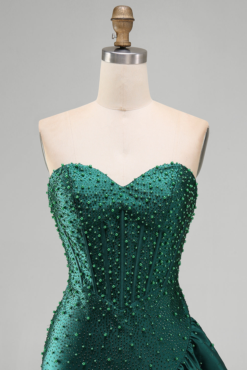 Robe de bal de fin d'année vert foncé moulante corset perles brodées ourlet à volants asymétrique