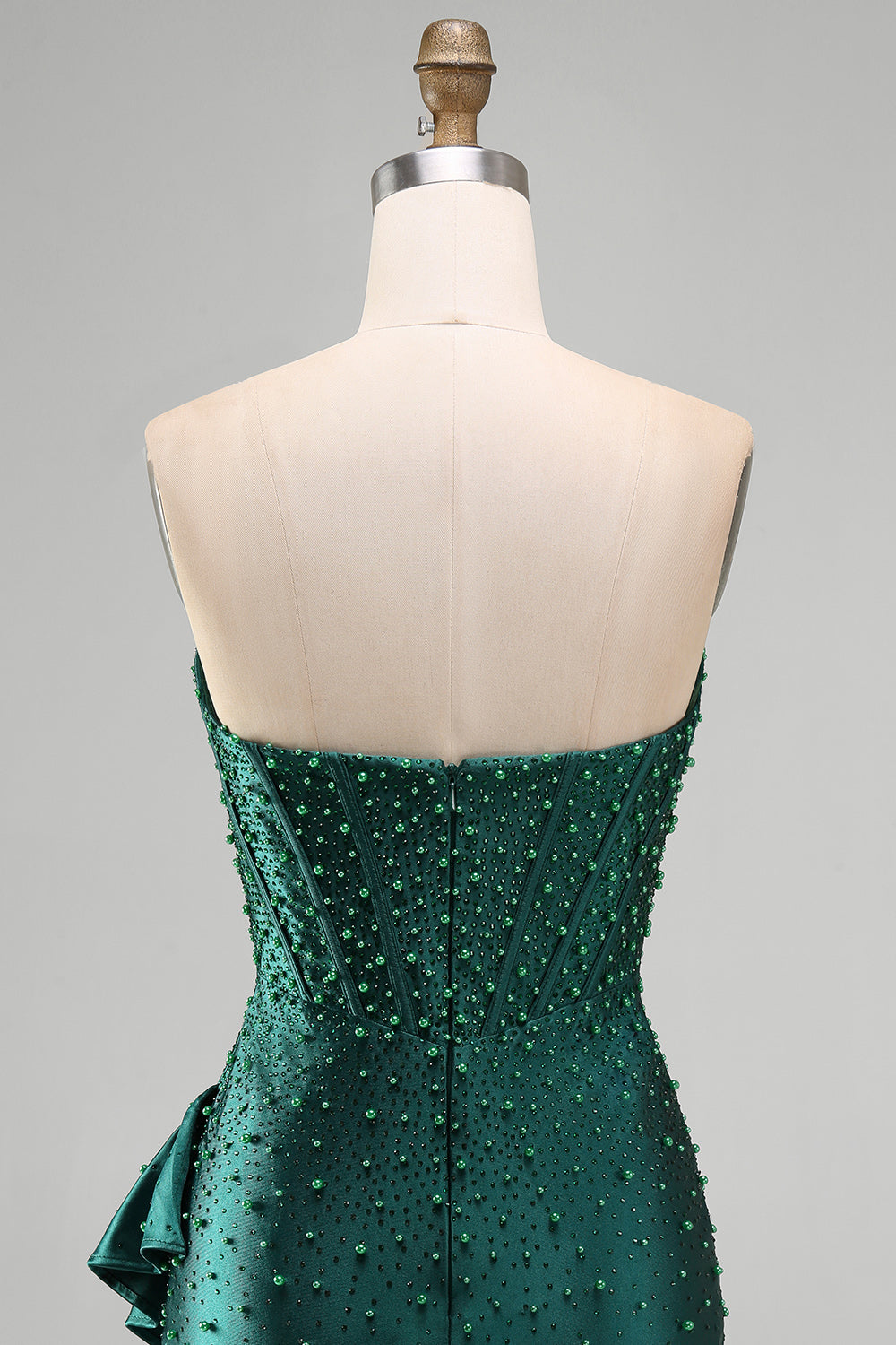 Robe de bal de fin d'année vert foncé moulante corset perles brodées ourlet à volants asymétrique