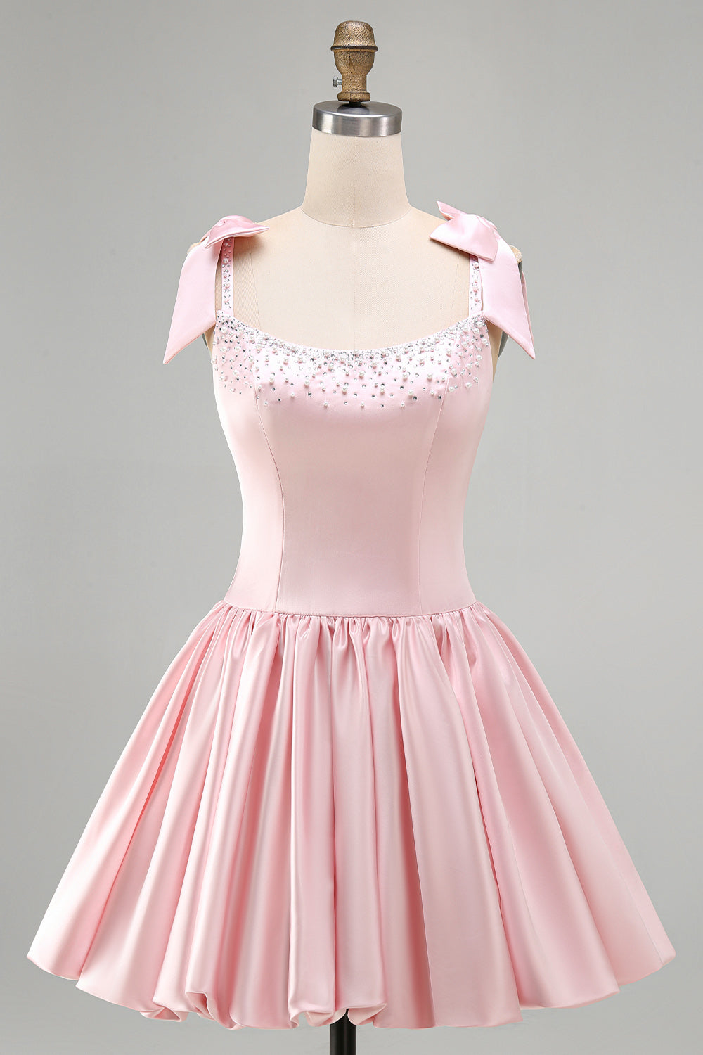 Pink A-Line Satin Corset Pearl Beaded Ruched Short Homecoming Dress with Bows