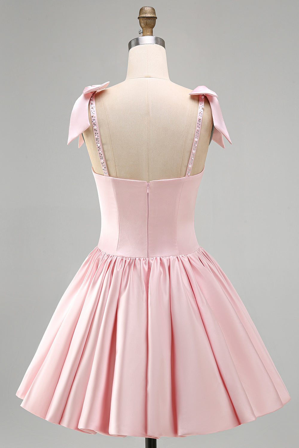Pink A-Line Satin Corset Pearl Beaded Ruched Short Homecoming Dress with Bows