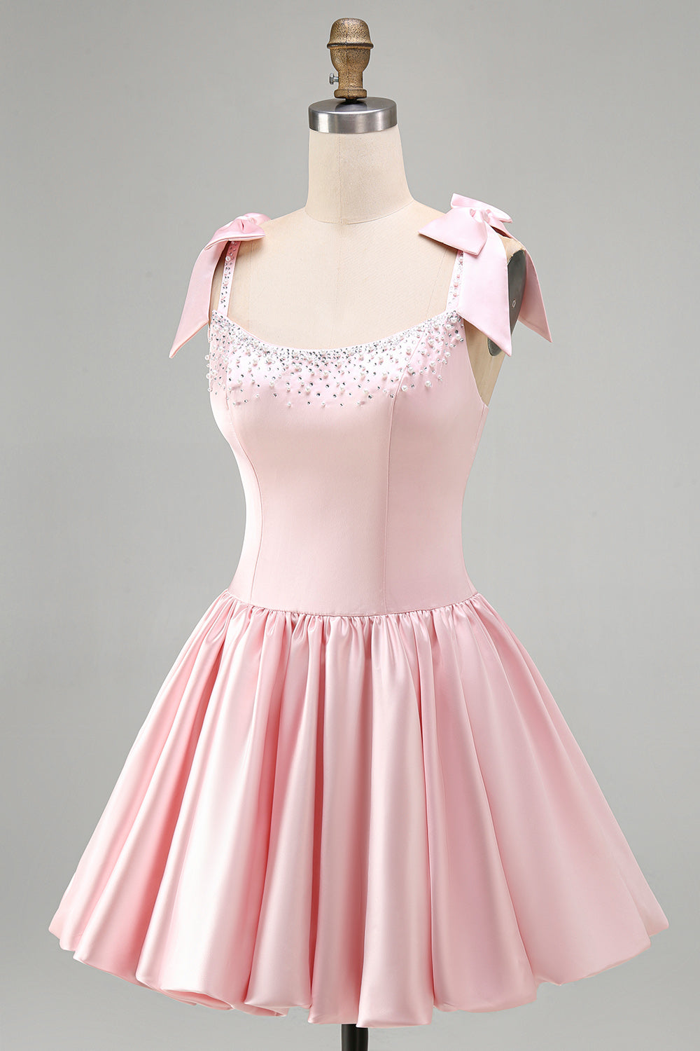 Pink A-Line Satin Corset Pearl Beaded Ruched Short Homecoming Dress with Bows